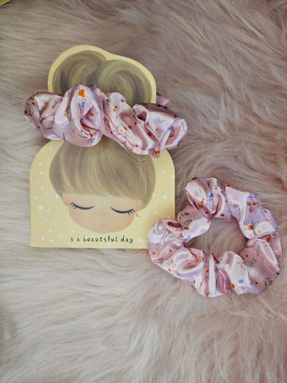 Pink Floral Satin Scrunchies Set of 2 - Dainty Floral Print